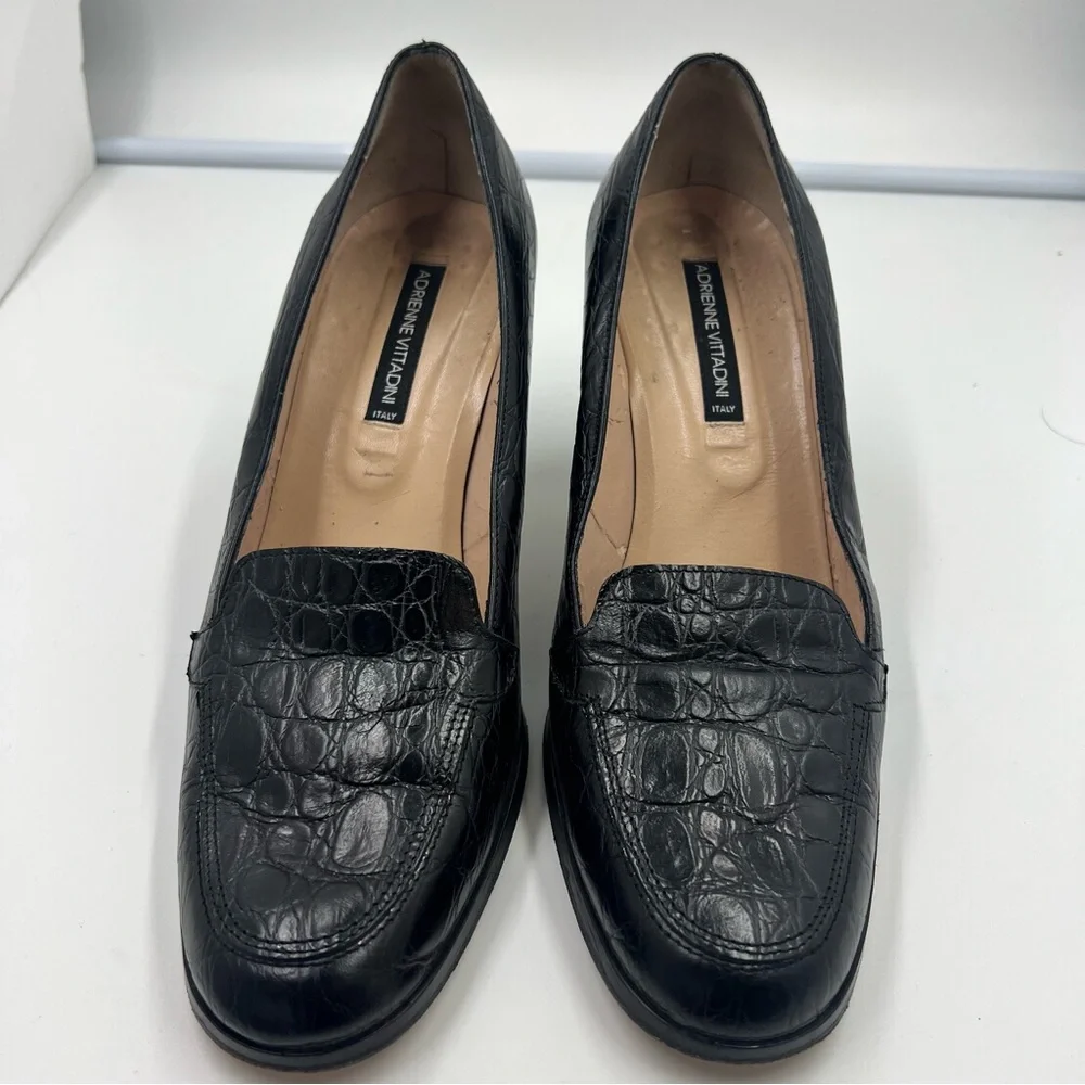 Adrienne Vittadini black croco-embossed leather loafer heel made in italy 9